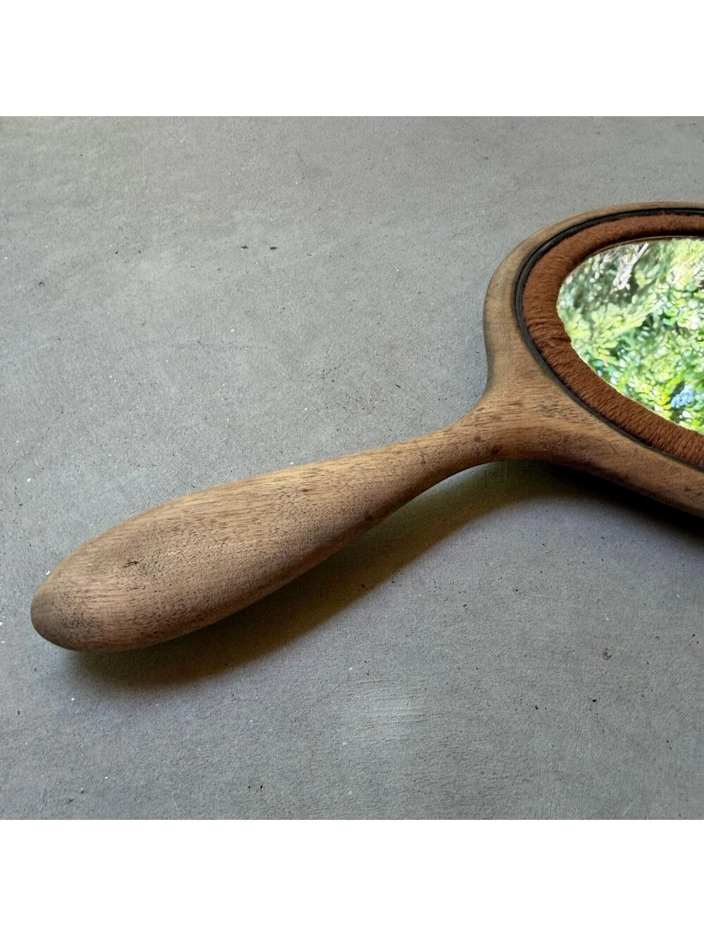 Vintage Wooden Hand Mirror with Brown Yarn Trim
